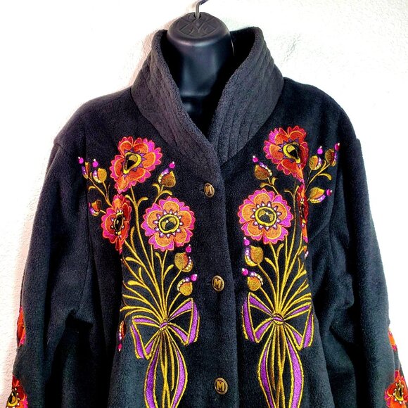 Bob Mackie Wearable Art Black Floral Embroidered Button-Up Soft Fluffy Coat 1X - Picture 7 of 11